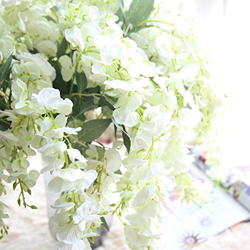 Gotian 39Inch Artificial Silk Wisteria Fake Garden Hanging Flower Plant Vine Wedding Decor Ideal for Festivals Parties Home Gardens Fencing Floral Tributes Sheds Decorations (White)