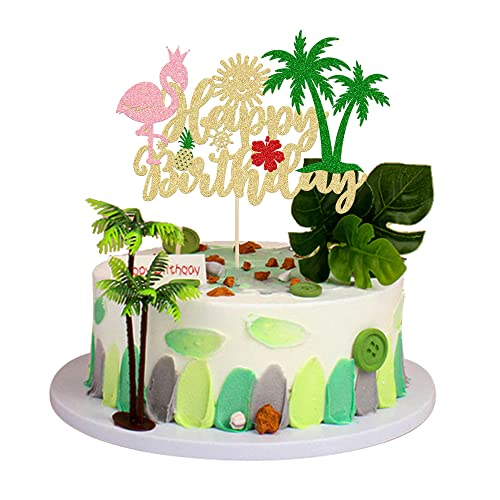 Gyufise 1Pcs Glitter Flamingo Happy Birthday Cake Topper Flamingo Cake Decoration for Hawaiian Luau Tropical Pineapple Theme Kids Boys Girls Party Decoration Supplies