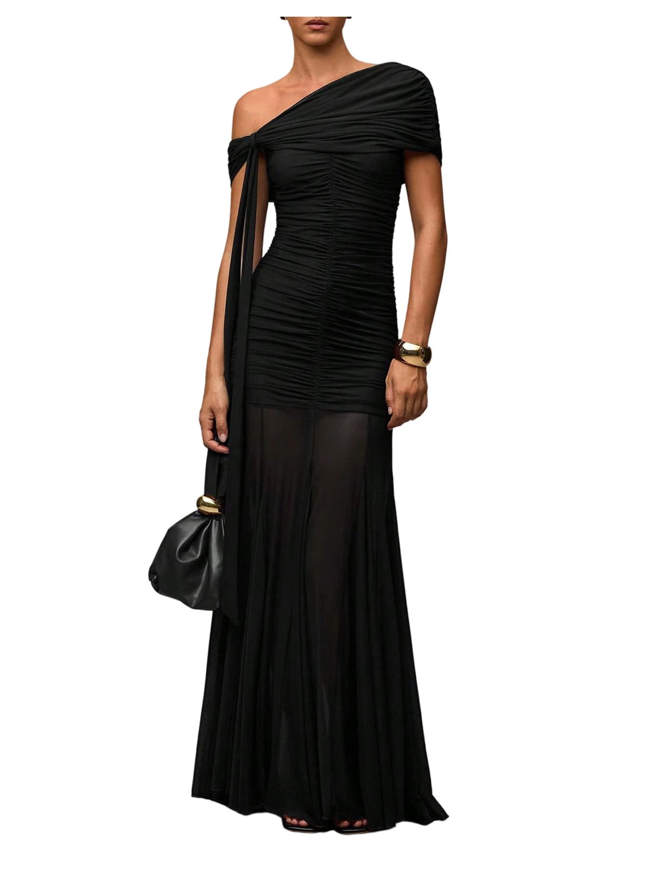 Photo 1 of Verdusa Women's Corset Dress Wedding Guest Dresses Statement Holiday Off Shoulder Ruched Mesh Formal Outfits Solid Black Medium