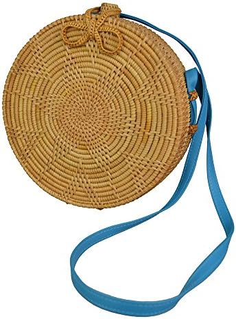 amololo Flower Shape Handwoven Round Rattan Shoulder Bag Sumer Beach Crossbody Bag with Butterfly Buckle and Leather Strap (Light Blue)