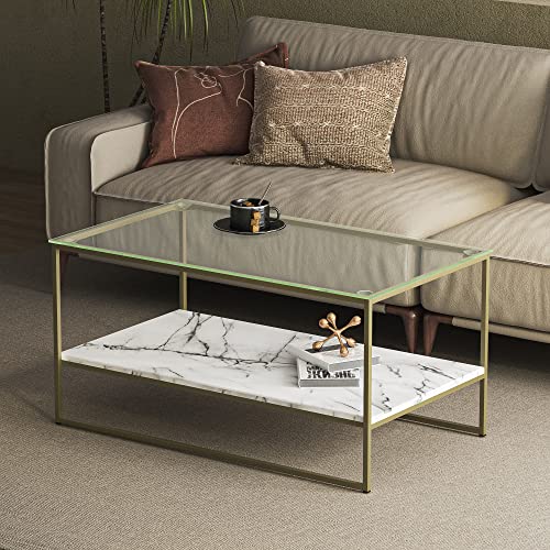 Tilly Lin 35" Glass Top Marble Coffee Table, White Faux Marble Coffee