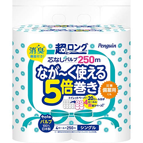 【ケース販売】トイレットペーパー ペンギン 芯なし 超ロング 5倍巻き シングル 250mパルプ 4ロール×8パック 丸富製紙 2795商品画像