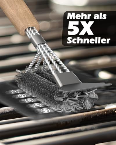 HAZENS Grill Brush with Wooden Handle, Cleaning Brush, Stainless Steel Scraper, Dense Stainless Steel Bristles, 39 cm Extra Long Wooden Handle, for Gas Grill, Charcoal Grill, Kettle Grill, Electric