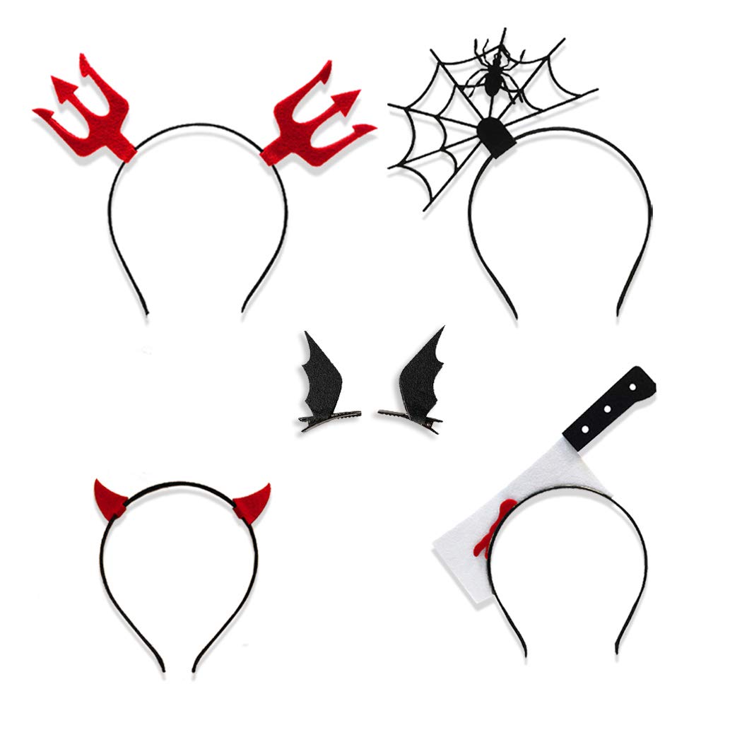 She's Shining 6 Pack Halloween Spider Web Headbands,Devil Horn and Fork Hair Hoop,Knife Bloody Headband and Bat Wings Hair Clips