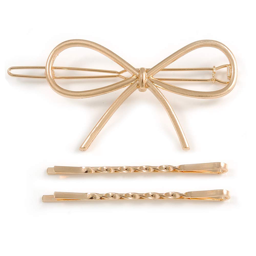 Set Of Twisted Hair Slides and Open Bow Hair Slide/Grip In Gold Tone Metal