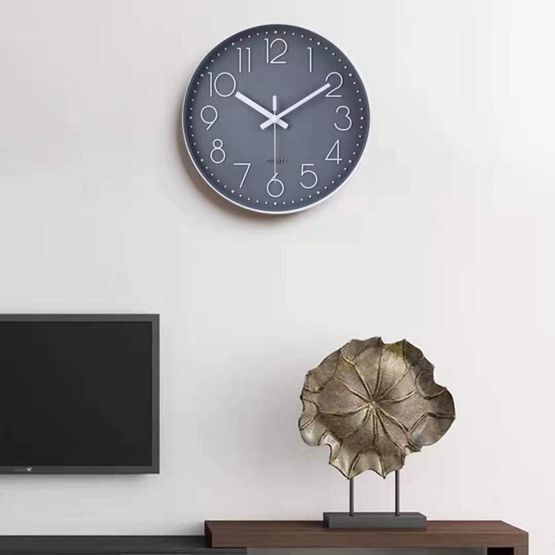 12 Inch Non-Ticking Wall Clock Silent Battery Operated Round Wall Clock Modern Simple Style Decor Clock for Home/Office/School/Kitchen/Bedroom/Living Room (Gray): Kitchen & Dining