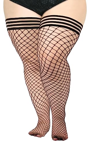 Moon Wood Plus Size Fishnet Stockings for Women Silicone Top Stay Up Lingerie Fishnets Thigh Highs Stockings