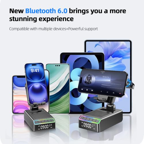 Phone Stand with Bluetooth Speaker & Clock, Gifts for Men Women, Birthday Gifts for Him, 9-in-1 Design Induction Speaker, Anti-Slip Base, Phone Holder with Wireless Speaker, Tech Gadgets Gift for Men