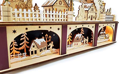 Wichtelstube-Kollektion XL 3D LED Schwibbogen mit Podest Weihnachtsdorf Lichterbogen Schwippbogen Echtholz Weihnachtdeko Holzkunst Fenster 45cm Breite thumbnail 3