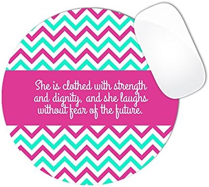 Proverbs 31:25 Bible Verse With Hot Pink Mint And White Chevron Pattern And Hot Pink Stripe Center Mouse Pad (ROUND)