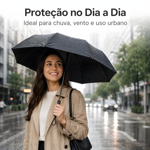 Guarda-Chuva preto Dobrável BF Brasil Forte – Manual, Compacto, 7 Varetas de Fibra de Vidro, Proteção UV, Resistente ao Vento, Leve para Uso Diário