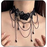 Bestleey Gothic Layered Lace Rose Flower Choker Necklace for Women,Vintage Red Black Crystal Pendant Necklaces Statement Punk Style Hollowed Out Necklace Victoria Dark Witch Jewelry