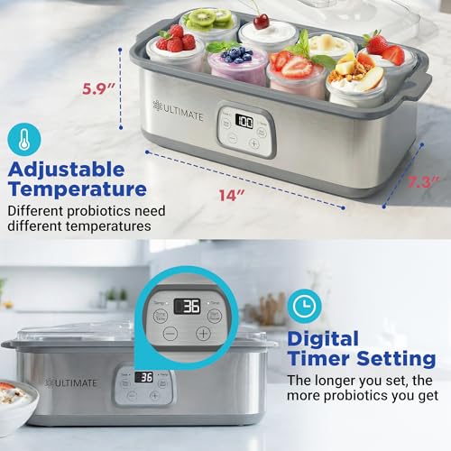 Ultimate Probiotic Yogurt Maker for Easy-to-Make Live Probiotics at Home with Adjustable Time & Temp Control, Best Kitchen Gift for Men & Women's Gut Health, UNLIMITED LIFETIME WARRANTY (8-Jar Model)
