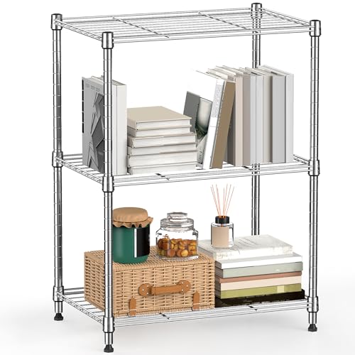 M MZG Metal Shelving Unit with 3 Levels, Load Capacity 204 kg, Adjustable Shelves for Kitchen, Bathroom, Pantry and Office, Study, Chrome, 30 x 45 x 67 cm
