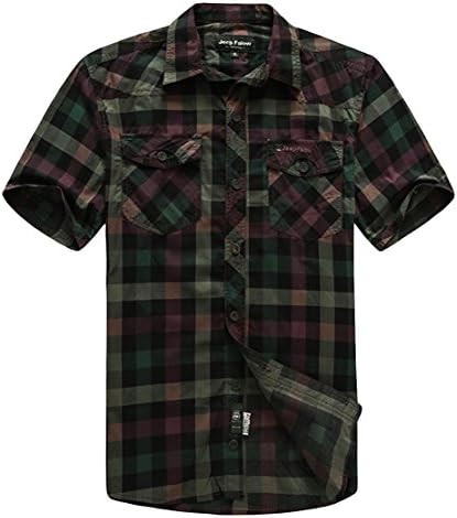 JEEPFALOW Men's Summer Washed Outdoor Cotton Plaid Casual Shirt