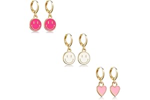 FROZIO 3 Pairs Preppy Earrings for Teen Girls Women Smiley Face Heart Charms Pendants Gold Small Huggie Hoop Dangle Drop Earrings Trendy Y2K Jewelry Gifts