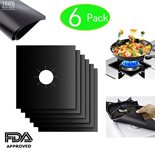 6 Pack Gas Stove Protectors, CBTONE Gas Stove Burner Covers Stovetop Cook Top Hob Liners, Reusable, Non-Stick, Dishwasher Safe - 10.6”x 10.6” (0.2 mm Thickness) - Black