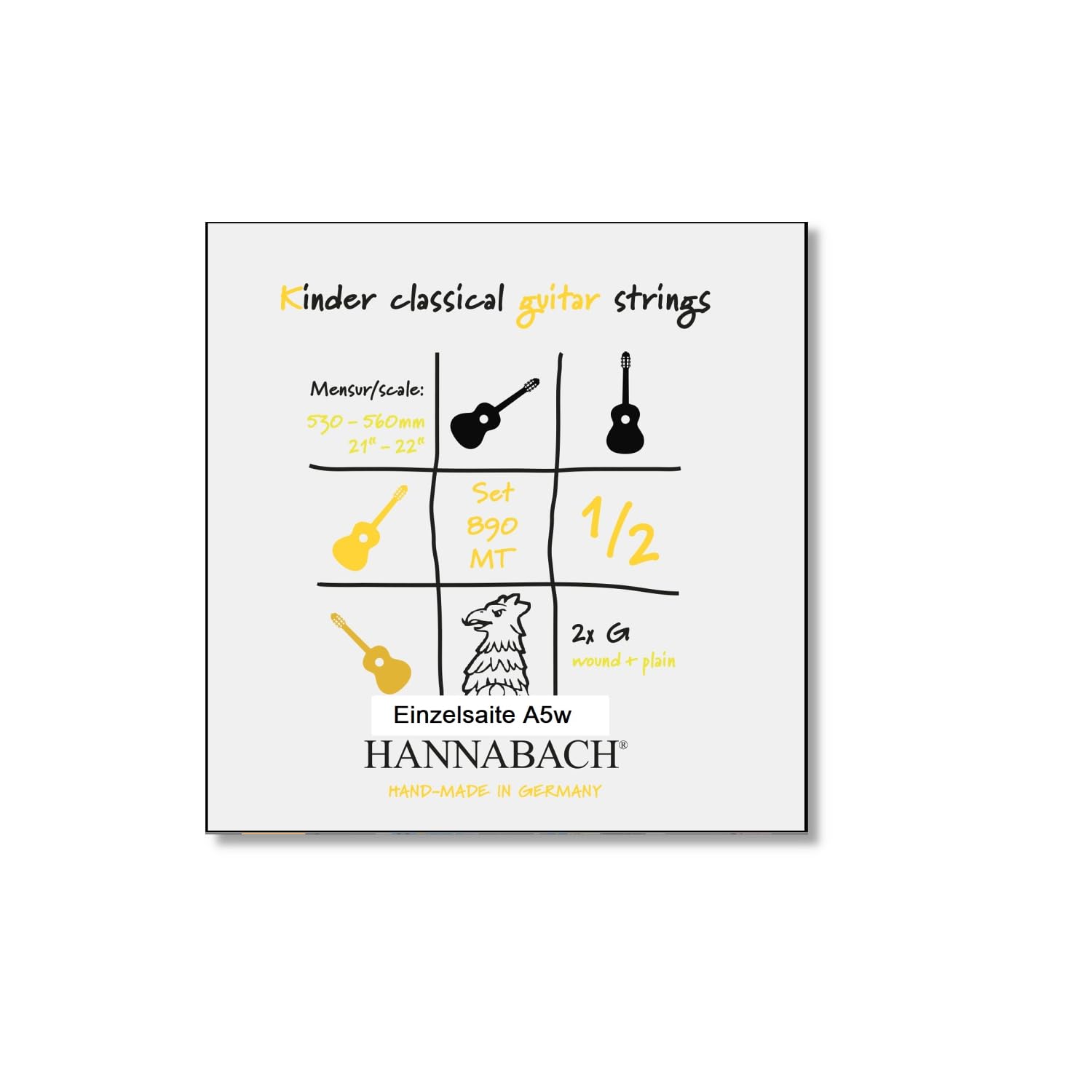 Hannabach Classical Guitar Strings Series 890 MT for 1/2 Children's Guitar Scale: 53-56 cm - A5w - 8905MT 1/2