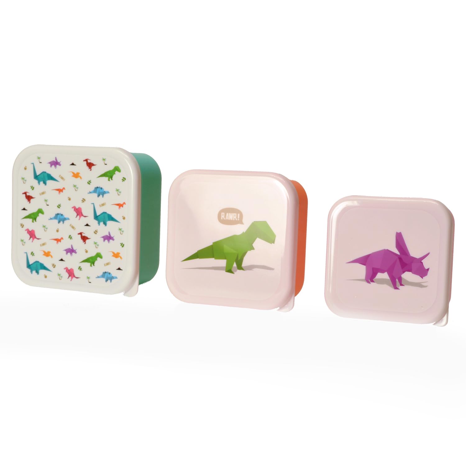 Puckator Jack Evans Dino Bites Dinosaur Reusable Lidded Snack Pot Lunch Box Set of 3, BPA Free PVC, Nursery School Travel Home, Large 5.5x11.5x11.5cm Medium 4.5x10x19cm Small 4x8.5x8.5cm