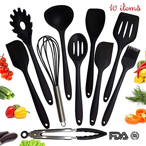 Utensil Set - Kitchen Cooking Utensil Set - Silicone Kitchen Tool Set - Home Cooking Accessories For Baking - Big Utensil Set Of 10 Items - Spoons, Ladle, Slotted Turner, Brush, Spatula, Tongs, Whisk