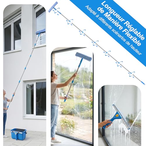 Window Cleaning Kit, 3.25 m Telescopic Window Washer Including 12L Bucket, Professional Window Cleaning with Silicone Squeegee, Microfibre Brush and Holder for Home and Commercial Use
