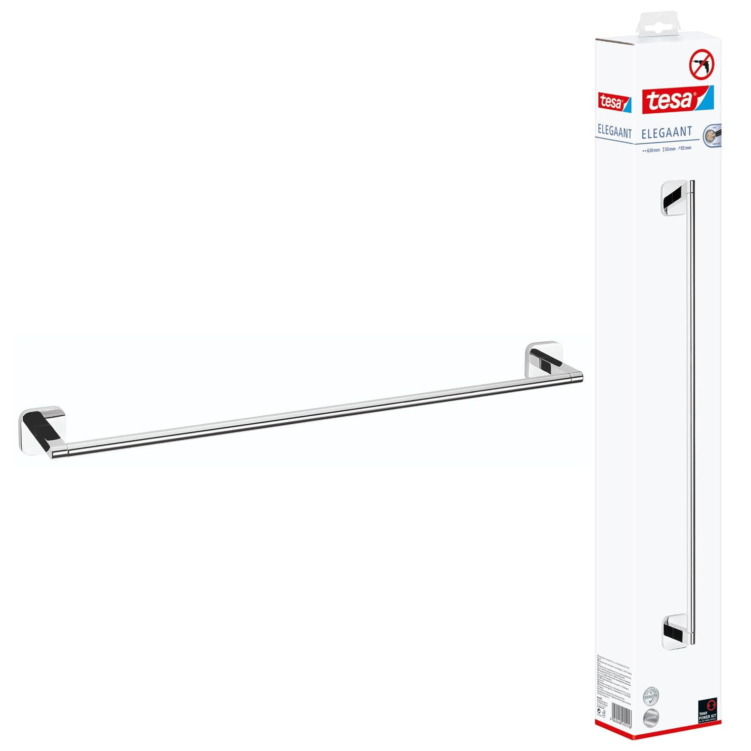 tesa ELEGAANT Single Towel Rail - Self-Adhesive Towel Bar in Stainless-Steel Design - Wall-Mounted Towel Holder - Waterproof, incl. Power.Kit Adhesive Solution - 50mm x 630mm x 85mm