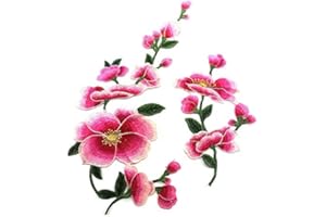 FEEPOP 1 Set Lotus Flower Embroidery Applique Patches Sew on Pacthes Lace Fabric Motif Clothes Decorated DIY Sewing Supplies (Pink)