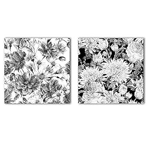 2 Panel Square Canvas Wall Art - Floral Pattern in Black and White - Giclee Print Gallery Wrap Modern Home Art Ready to Hang - 12"x12" x 2 Panels