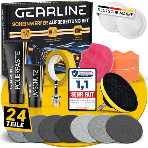 GEARLINE Headlight Treatment Set [24 Pieces] - Polishing Set for Matte and Blind Headlights - Includes UV Protection, Polishing Paste, Adapter and 14 Sanding Discs - Car Polishing Set for Preparation