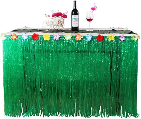 Decorative Grass Table Skirt 9' by THINK Hawaii | Green String with Tiki Hibiscus Faux Flowers | Fits all Tropical Themed Parties | Also use as a Hula Skirt