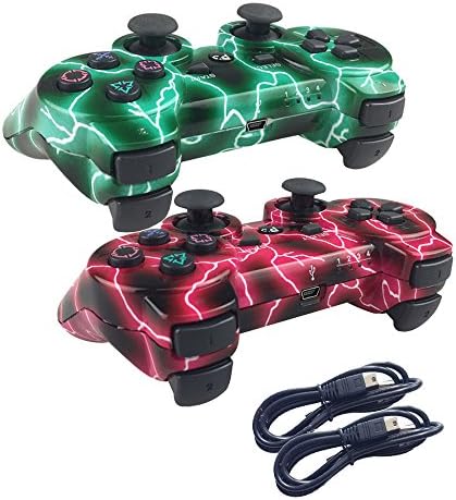 Deloke Wireless Bluetooth Controller For PS3 Double Shock - Bundled with USB charge cord (Green Lighning and Red Lighning)