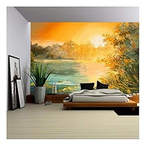Oil Painting - Sunset on The Lake, Colorfull Art Drawing, Autumn, Yellow - Removable Wall Mural | Self-Adhesive Large Wallpaper - 66x96 inches