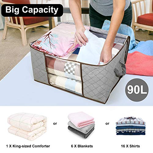 LotFancy Clothes Storage Bag, Large Capacity, 90L, Pack of 3, Blanket Comforter Bedding Closet Organizer, Foldable, Thick Fabric with Zipper, Reinforced Handle, Clear Window, Grey