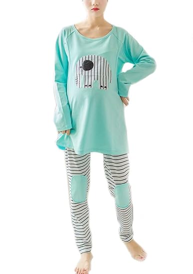 Bold N Elegant Cute Elephant Patch Blush Blue All Weather Maternity Sleepwear Set Pregnancy Night Suit Nightwear Dress Feeding Nursing Tshirt Lower Stripe Pyjama Set