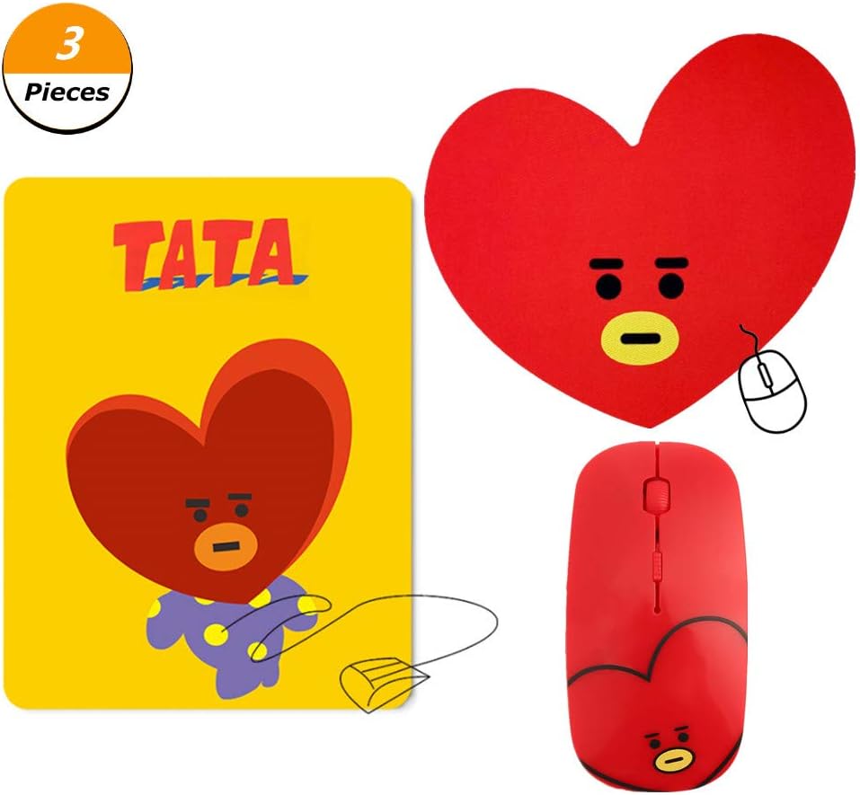 Cianowegy BTS Gift Set for Army- Kpop BTS Cartoon Mouse Wireless Mouse with 2 BTS Mouse Pad for A.R.M.Y Cooky RJ Mang Koya Tata Chimmy Shooky(TATA)
