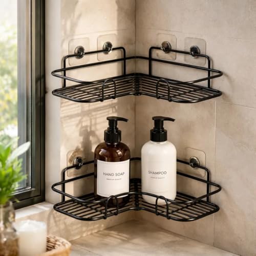 Kit 2 Prateleiras de Canto para Banheiro Sem Furo – Porta Shampoo e Sabonete Organizador para Box Design Moderno em Alumínio Antiferrugem com Fixação Adesiva