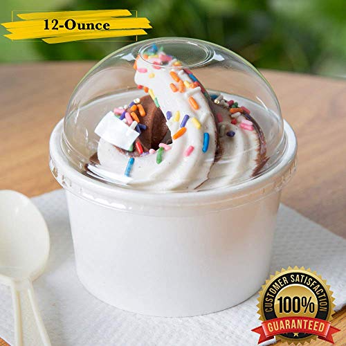 MM Foodservice White Paper Ice Cream Cups with Clear Round Dome Lid, Disposable Paper Frozen Yogurt Cups with Lid