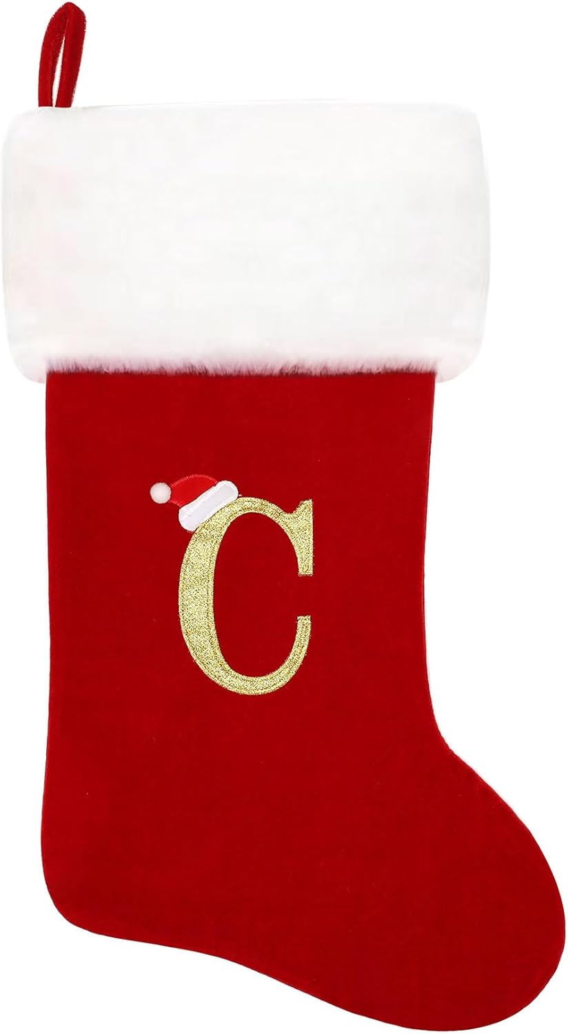 Stockings & Holders - Eoocan 20 Inches Monogram Christmas Stockings Red Velvet with White Super Soft Plush Cuff Embroidered Xmas Stockings Classic Personalized Stocking Decorations for Family Holiday Season Decor(Letter C)