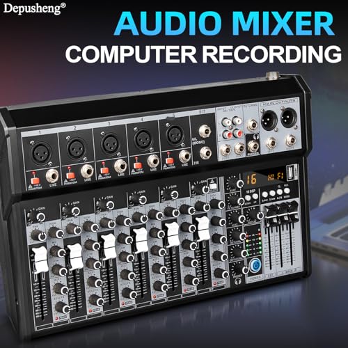 Depusheng Professional Audio Mixer, 4 Channel Audio Mixer System, 16-Bit DSP-DJ Bluetooth Mixer + 48V Phantom Effect for Karaoke Streaming Recording (XT7 EU)