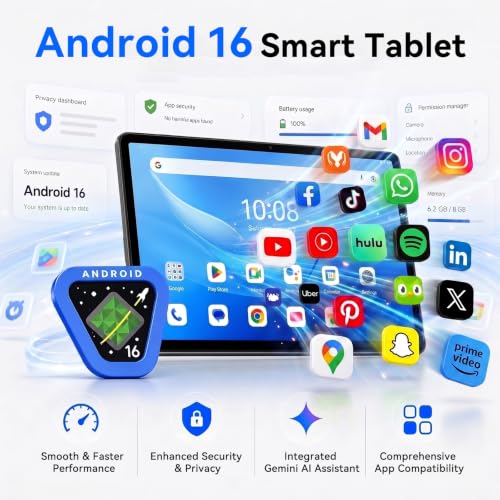 Tablet 2026 Android 16 Tablet with Gemini AI, 11 Inch FHD Display, 32GB RAM 256GB ROM/2TB TF, T7250 CPU + 13MP Camera, 8000mAh, Widevine L1, Tablet with Keyboard, Mouse, Gray, for Work and Study