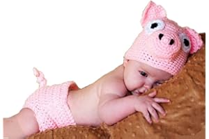 Ximkee Newborn Baby Photography Props Crochet Costume Hat and Pants Outfits Toddler Photoshoot Sets Pink Pig