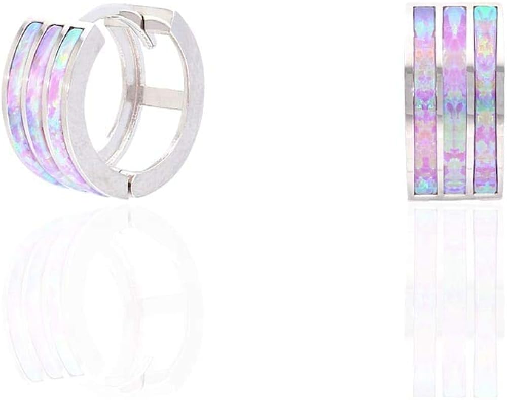 925 Sterling Silver 3-Stripe Fire Opal Huggie Hoop Earrings 0.5"