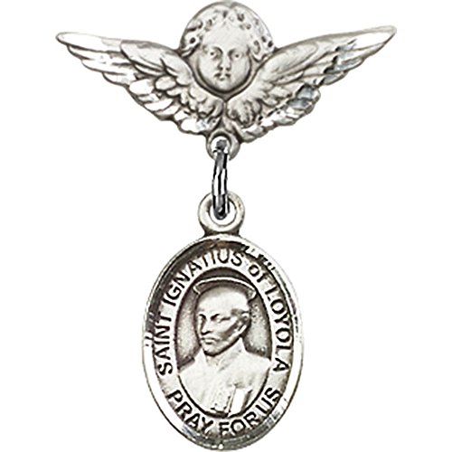 Sterling Silver Baby Badge with St. Ignatius Charm and Angel w/Wings Badge Pin 7/8 X 3/4 inches