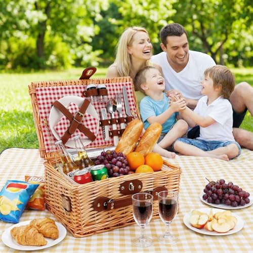 Wicker Picnic Basket Wicker Picnic Basket for 2 Person - Picnic Set with Insulated Compartment, Plates, Cutlery, Wine Glasses, Corkscrew - Perfect for Beach, Country, Park & BBQ Gift