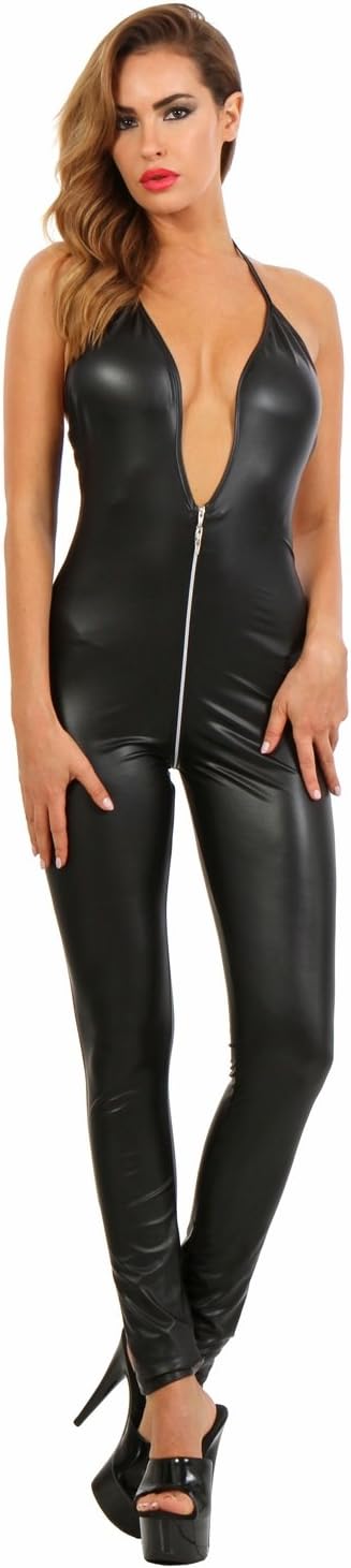 Miss Noir Women Jumpsuit S-3XL Wet Look Playsuit with 4-Way Zipper Backless Sexy Overall Faux Leather Party Exclusive Clubwear