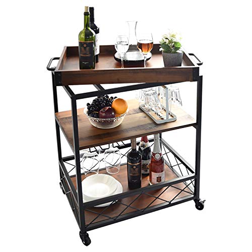 charaHOME Solid Wood Kitchen Serving Carts Rolling Bar Cart with 3 Tier Storage Shelves Kitchen Island Cart with Wine Glass Holder,Handle Racks,Lockable Caster Liquor Cart Removable Top Box Container