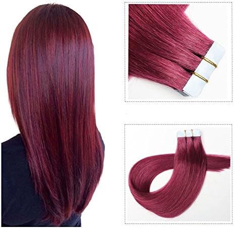 Mario Hair Tape in Hair Extensions Burgundy Human Hair Silky Straight Skin Weft Human Remy Real Hair (18 inches, Bug)
