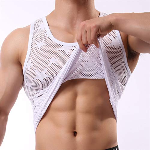 Appoi Men's Vest Underwear Fishnet See Through Muscle Workout Mesh Tees Clubwear Tank Top Vest (White, L)