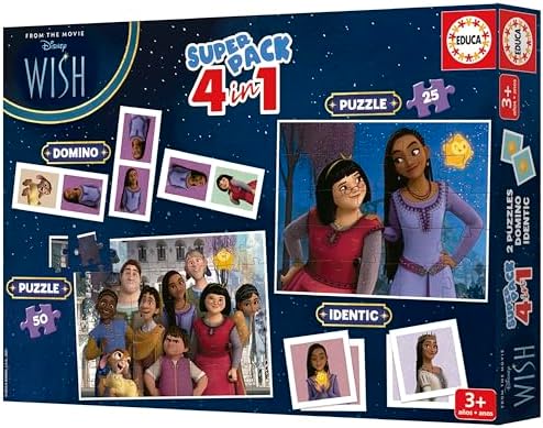 Educa - superpack wish, jogos de tabuleiro infantil, como domino, idic e 2 quebra -cabeças de 25 e 50 peças. várias possibilidades de jogo para jogar sozinho ou acompanhar. de 3 anos (19743)
