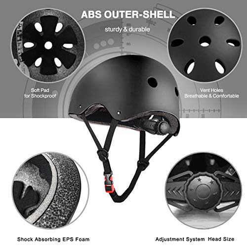Skateboard / Skate Protection Set with Helmet--SymbolLife Helmet with 6pcs Elbow Knee Wrist Pads for Kids BMX/ Skateboard / Scooter, For Head Size S (55-57cm) Black - Thumbnail 3